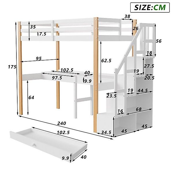FUROKOY Hochbett mit Schreibtisch, Stauraumtreppe und Regale 90x200cm Kinde günstig online kaufen