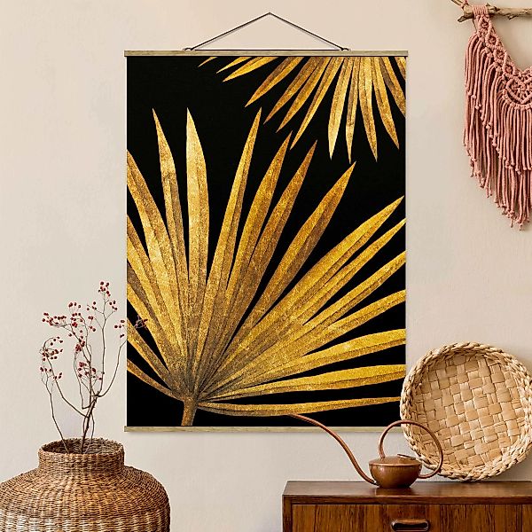 Stoffbild Blumen mit Posterleisten - Hochformat Gold - Palmenblatt auf Schw günstig online kaufen