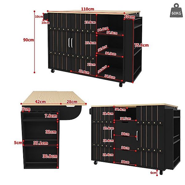 TavilaEcon Küchenbuffet Küchenschrank, Servierwagen mit Rollen und Arbeitsp günstig online kaufen