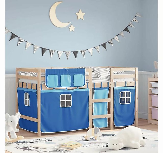 vidaXL Kinderbett Kinderhochbett mit Vorhängen Blau 90x200 cm Massivholz Ki günstig online kaufen