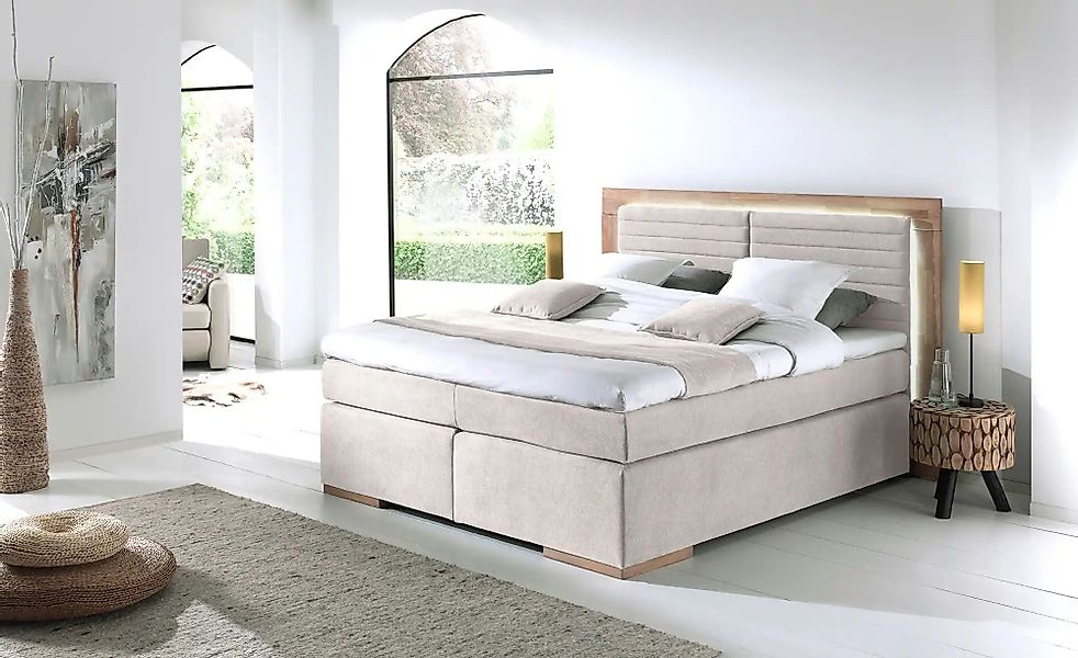 uno Massivholz-Boxspringbett mit LED-Beleuchtung Marlow ¦ beige ¦ Maße (cm) günstig online kaufen