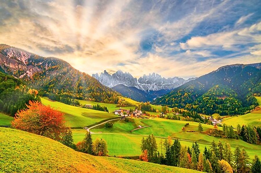 Papermoon Fototapete »SANTA MADDALENA-BERG DORF DOLOMITEN WIESE BLUMEN ALPE günstig online kaufen