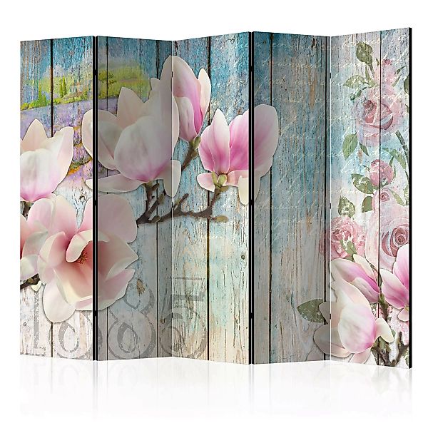 5-teiliges Paravent - Pink Flowers On Wood Ii [room Dividers] günstig online kaufen