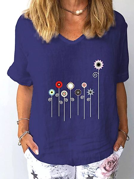 Mit Blumen bedrucktes T-Shirt mit V-Ausschnitt und halben Ärmeln für Damen günstig online kaufen
