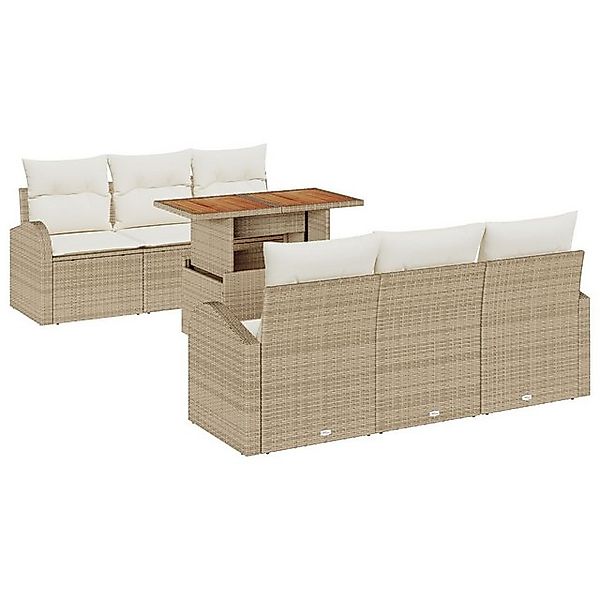 vidaXL Loungesofa 7-teiliges Garten Essgruppe mit Kissen Beige Poly Rattan, günstig online kaufen