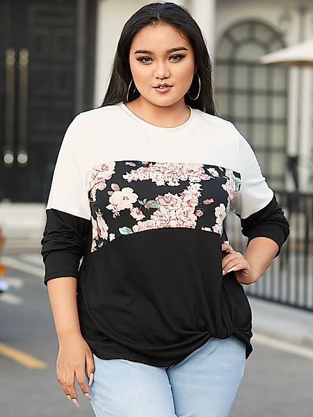 YOINS Plus Größe Patchwork Blumendruck Twist Langarm T-Shirt günstig online kaufen