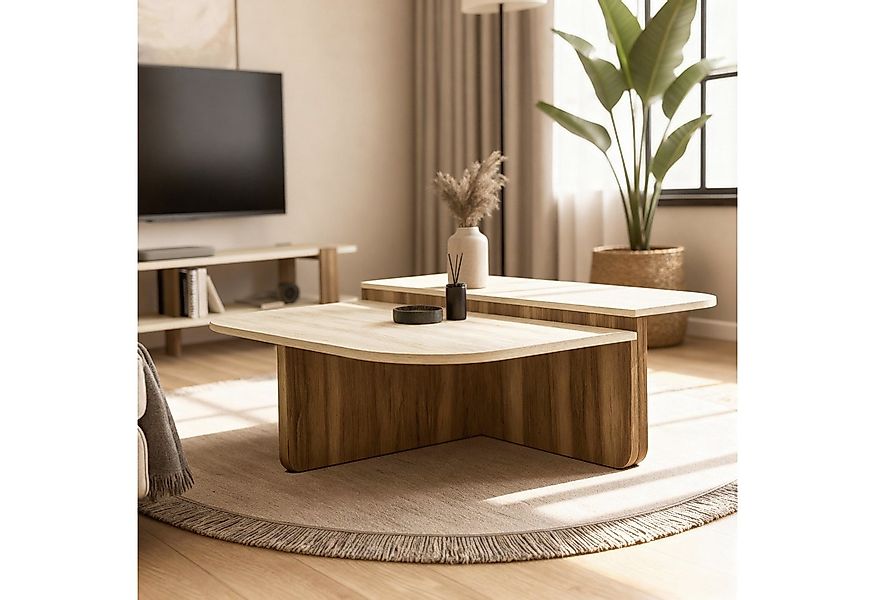 moebel17 Couchtisch 90×90 cm in Beige Braun Travertin-Optik, moderner L-For günstig online kaufen