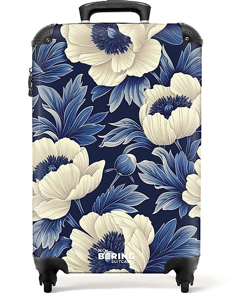 NoBoringSuitcases.com© Hartschalen-Trolley Dunkelblau mit weißen Blüten günstig online kaufen