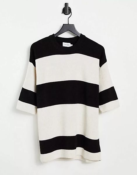 Topman – Gestreiftes Strick-T-Shirt in Schwarz und Weiß günstig online kaufen
