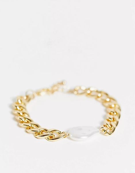 DesignB London – Breites Kettenarmband in Gold mit Perlenanhänger-Goldfarbe günstig online kaufen