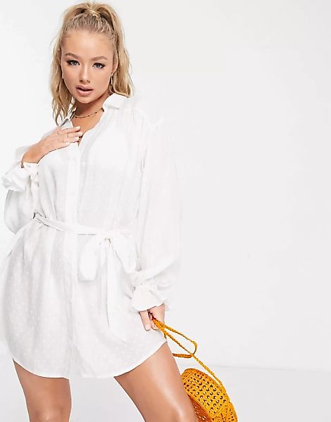 ASOS DESIGN – Strukturiertes Strand-Hemdkleid in Weiß mit ausgestellten Ärm günstig online kaufen