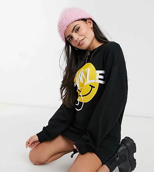 ASOS DESIGN Petite – Mini-Sweatshirtkleid in Schwarz mit Smiley-Grafik günstig online kaufen
