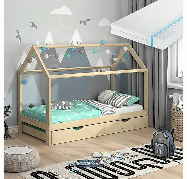VitaliSpa® Kinderbett Hausbett Gästebett 90x200cm WIKI Natur Schublade Matr günstig online kaufen