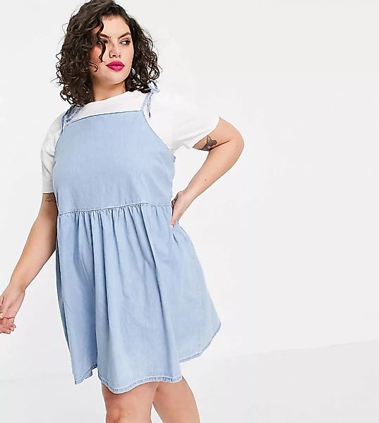 ASOS DESIGN Curve – Weiches, gesmoktes Jeanskleid im Pinny-Stil in mittlere günstig online kaufen