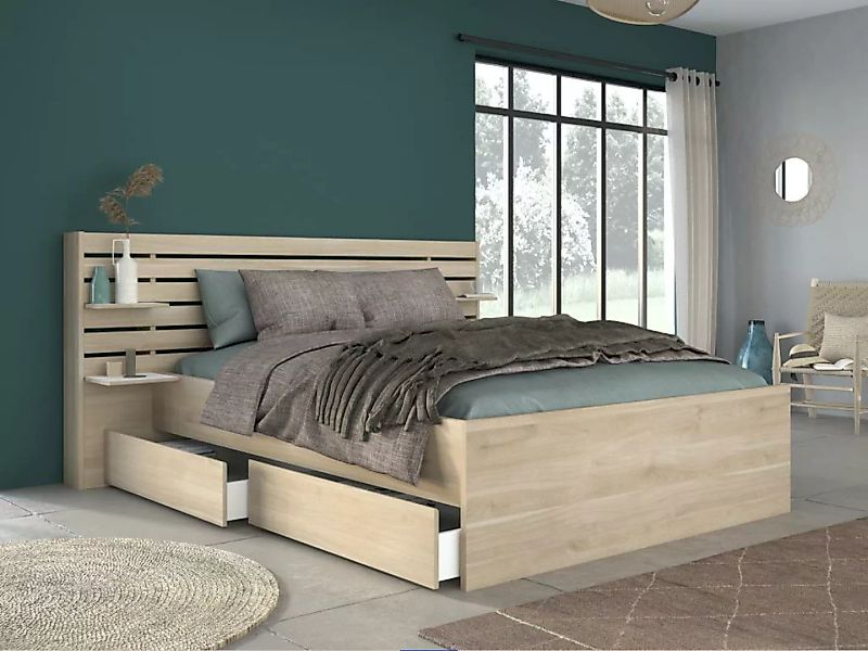 Bett mit Stauraum - 160 x 200 cm - Holzfarben + Lattenrost + Matratze - TEN günstig online kaufen