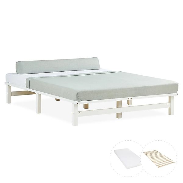 Homestyle4u Holzbett Jugendbett Palettenbett 140x200 mit Matratze Weiß Futo günstig online kaufen