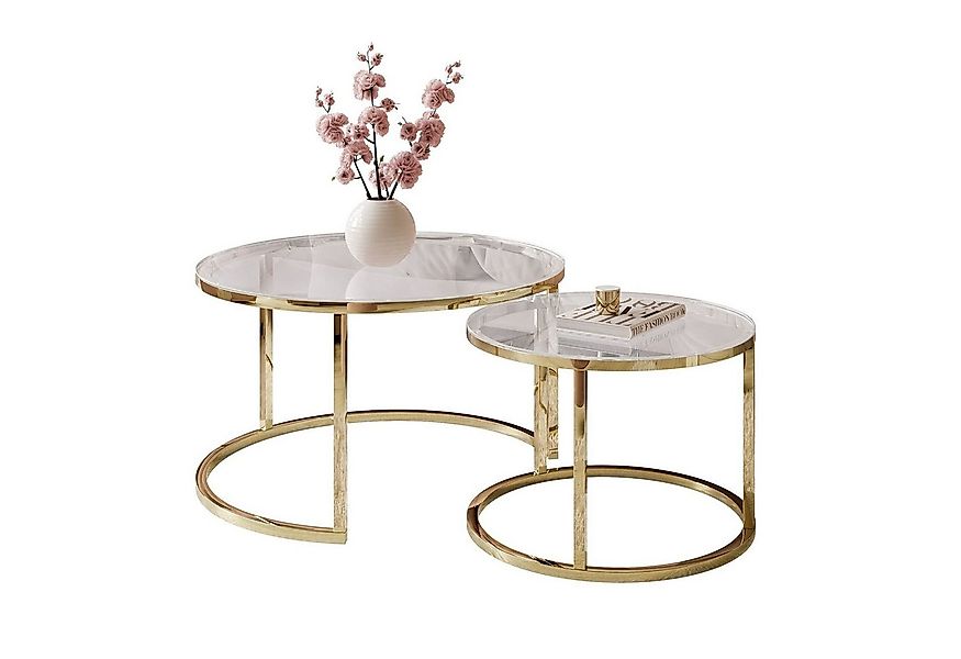 Lookway Couchtisch CIRI 2in1 GLASS mit Gold Chrom Gestell (2er Set), Durchm günstig online kaufen