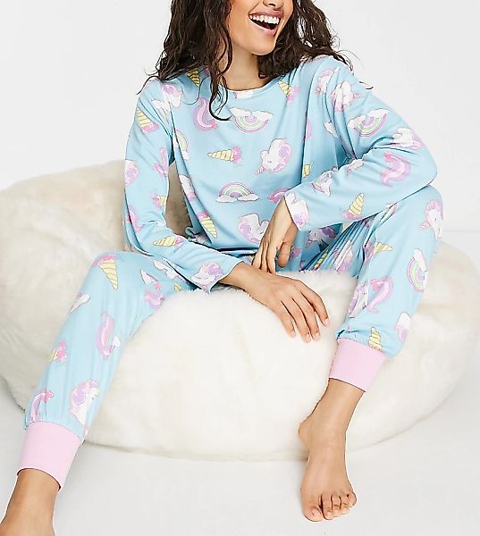 Chelsea Peers Petite – Langer Pyjama in Blau mit Einhorn- und Regenbogenmot günstig online kaufen