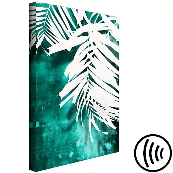 Bild auf Leinwand Botanische Kontraste - Palmblätter auf smaragdfarbenem Hi günstig online kaufen