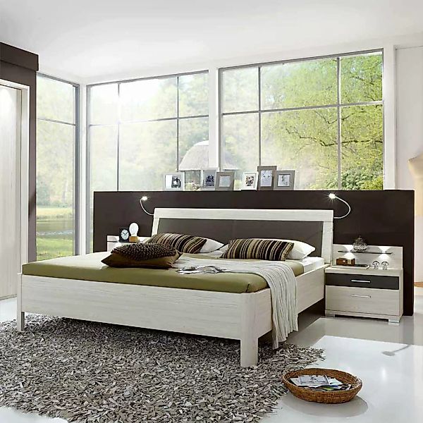 Doppelbett in Lärche Weiß Grau Nachtkommoden (dreiteilig) günstig online kaufen