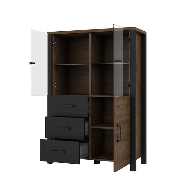 Highboard Vitrine in Walnussfarben und Schwarz drei Schubladen günstig online kaufen