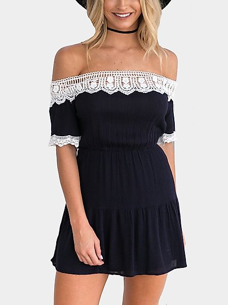 Süßes Off-The-Shoulder mit weißem Spitzenbesatz Mini Kleid in Navy günstig online kaufen