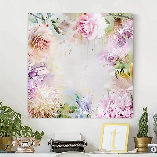 Leinwandbild Blumen - Quadrat Aquarell Blütenmix Pastell günstig online kaufen