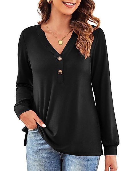 Beluring Langarmshirt Damen Langarmbluse Schwarz V-Ausschnitt Knopfleiste L günstig online kaufen