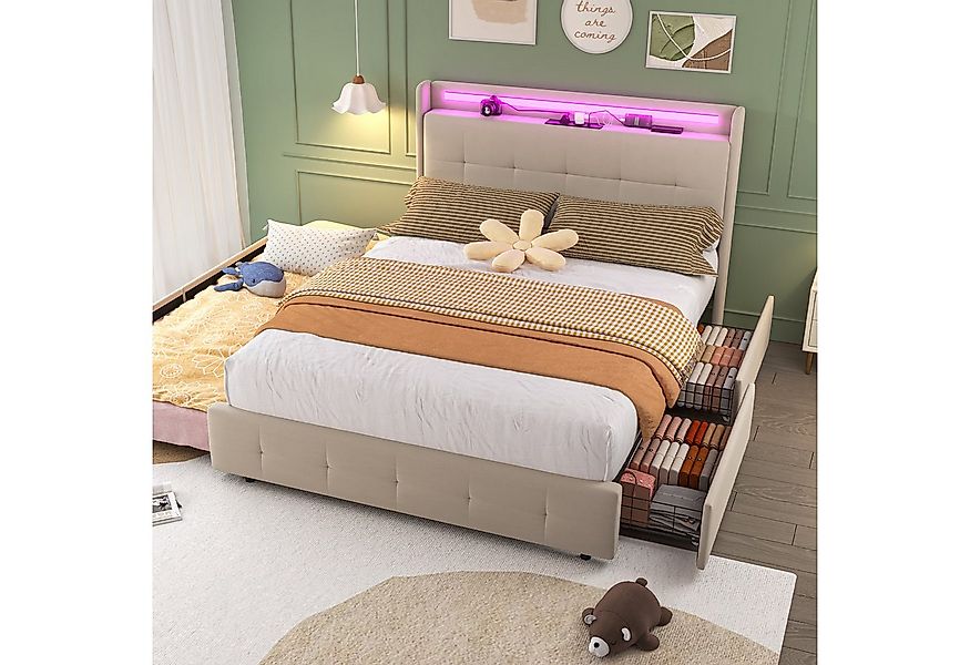 KLAM HOME Polsterbett Doppelbett Stauraumbett mit Ausziehbett 140x200 cm mi günstig online kaufen