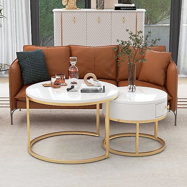 2-in-1 Runder Couchtisch mit Metallrahmen, 70x70x48 cm, Weiß günstig online kaufen