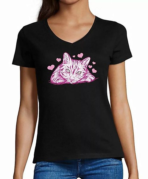 MyDesign24 T-Shirt Damen Katzen Print Shirt bedruckt - Pinke Katze mit Herz günstig online kaufen