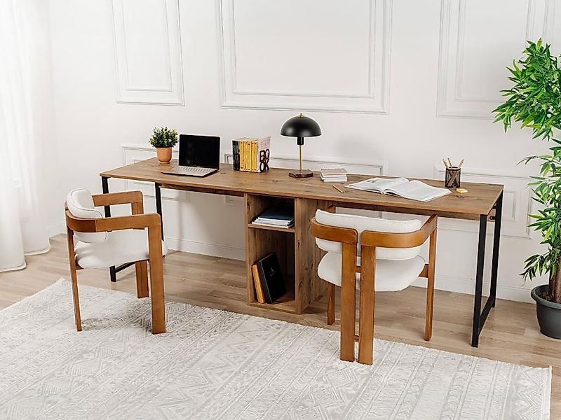 Doppelschreibtisch mit Stauraum - Holzfarben & Schwarz - DERVILO günstig online kaufen