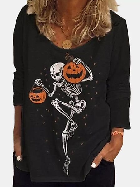 Halloween bedrucktes Langarm-T-Shirt mit O-Ausschnitt und O-Ausschnitt für günstig online kaufen