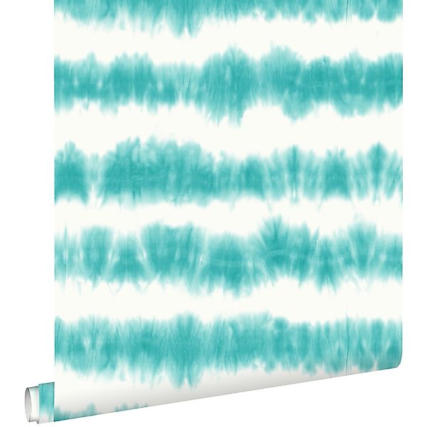 ESTAhome Tapete Horizontale Tie Dye Shibori Streifen Türkis Und Weiß 53 Cm günstig online kaufen