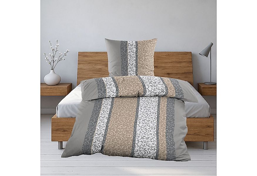 Casa Colori Bettwäsche Biber 135x200cm Grau Beige gestreift Schnörkelmuster günstig online kaufen