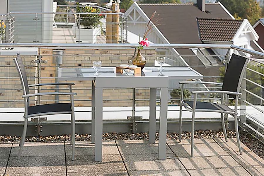 MERXX Balkonset »Milano« 3-tlg., 2 Stapelsessel, Tisch 65(130)x65 cm, Alu/T günstig online kaufen