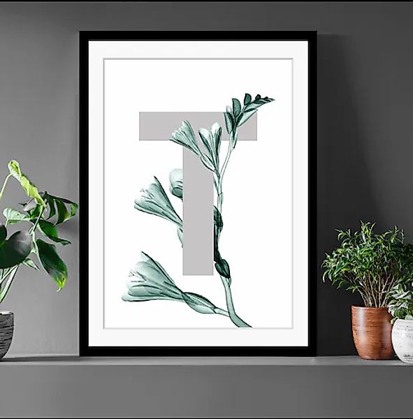 queence Bild »T-Flower«, Buchstaben, gerahmt, Blume, Blätter günstig online kaufen