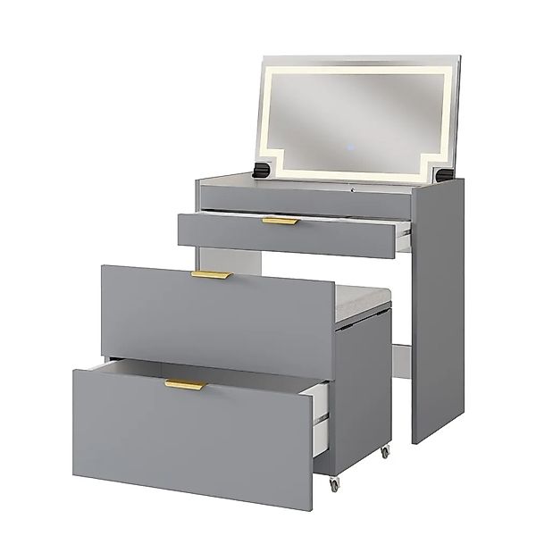 Vicco Schminkkommode  Wanja Grau 80 cm mit Bank und LED Spiegel günstig online kaufen
