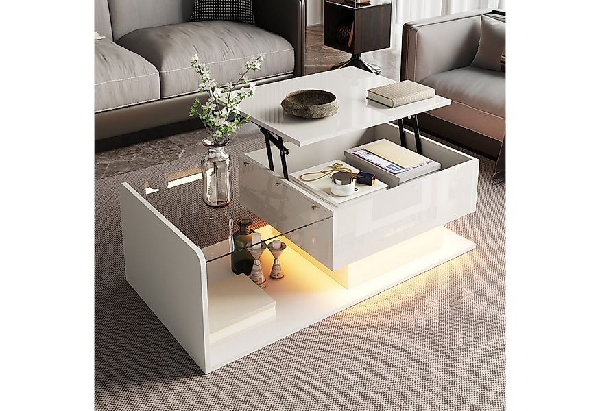 Merax Couchtisch hochglanz Sofatisch höhenverstellbar Beistelltisch mit LED günstig online kaufen