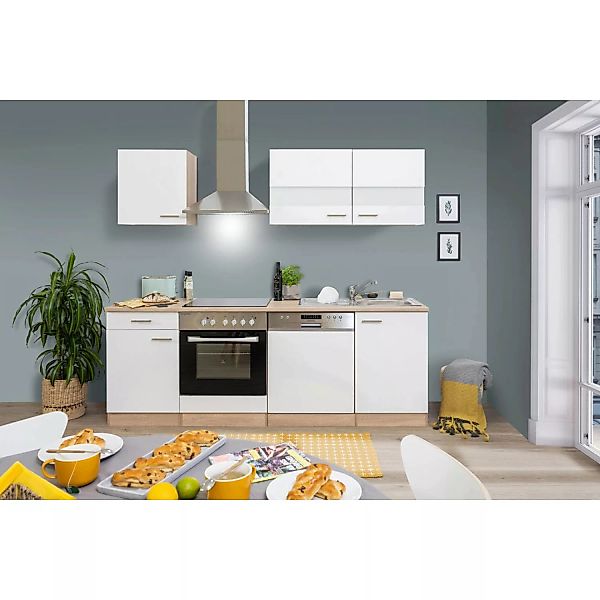 Respekta Küchenzeile KB220ESWC 220 cm Weiß-Eiche Sägerau Nachbildung Glänze günstig online kaufen