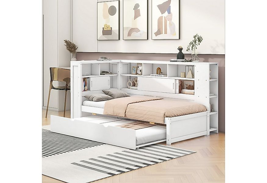 Flieks Massivholzbett, Holzbett 90x200cm mit Ladeanschluss/ Stauraum/ Auszi günstig online kaufen