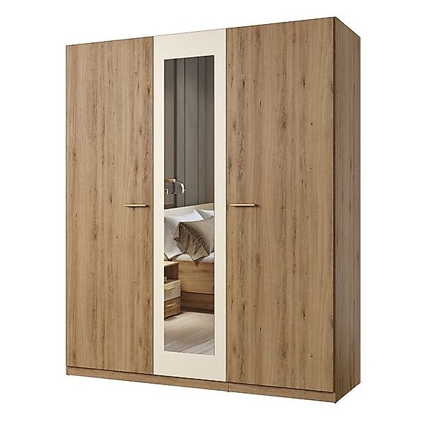 Lomadox Kleiderschrank VARESE-83 Eiche mit beige Griffe goldfarben Spiegel günstig online kaufen