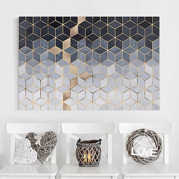 Leinwandbild Abstrakt - Querformat Blau Weiß goldene Geometrie günstig online kaufen