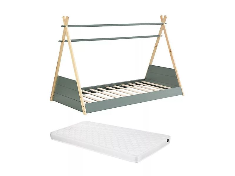 Kinderbett Tipi-Bett - 90 x 190 cm - Pinie / Kiefer - Holzfarben & Grün + M günstig online kaufen