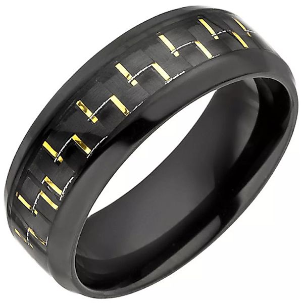 SIGO Herren Ring Edelstahl schwarz beschichtet mit Carbon Einlage goldfarbe günstig online kaufen