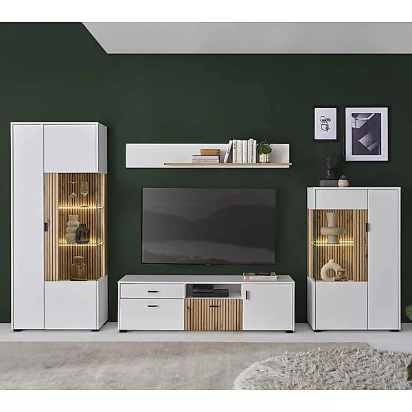 Wohnwand mit Lowboard 150cm weiß matt Eiche gerillt HUNTER-61, 4-teilig günstig online kaufen