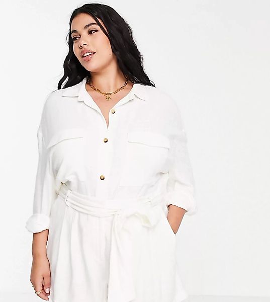 ASOS DESIGN Curve – Elegante Hemdjacke aus Leinen in Weiß günstig online kaufen