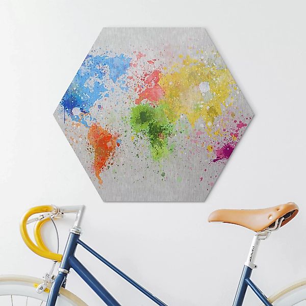 Hexagon-Alu-Dibond Bild Kunstdruck Bunte Farbspritzer Weltkarte günstig online kaufen