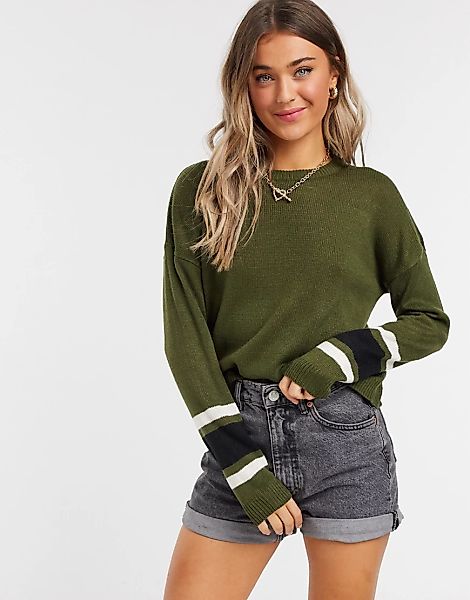 Brave Soul – Seattle – Pullover mit Streifen an den Ärmeln-Grün günstig online kaufen