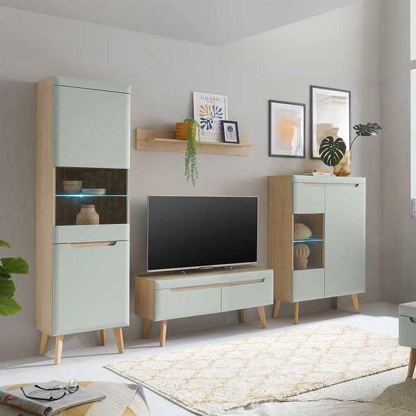 Anbauwand Skandi Stil in Mintgrün Eichefarben (vierteilig) günstig online kaufen